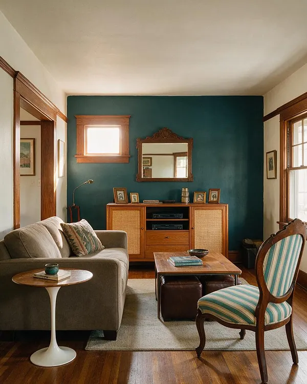 A cozy eclectic media room with a deep teal accent wall, a wooden media cabinet with cane doors, and an ornate mirror centered above it. A gray sofa, striped vintage chair, and mixed wood tables create a layered seating area on a neutral rug, with warm sunlight filtering through wood-trimmed windows.