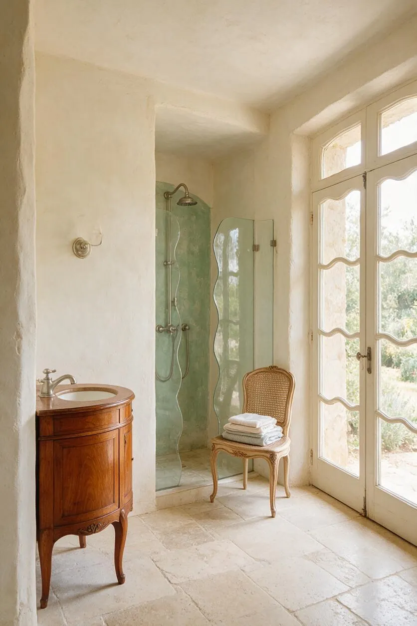 A French Country master bathroom with textured cream plaster walls, a pale stone tile floor, and large French doors bringing in daylight. The space includes a curved wooden vanity, a glass shower enclosure with a green-tinted wall and metal fixtures, and a carved cane-back chair holding folded towels.