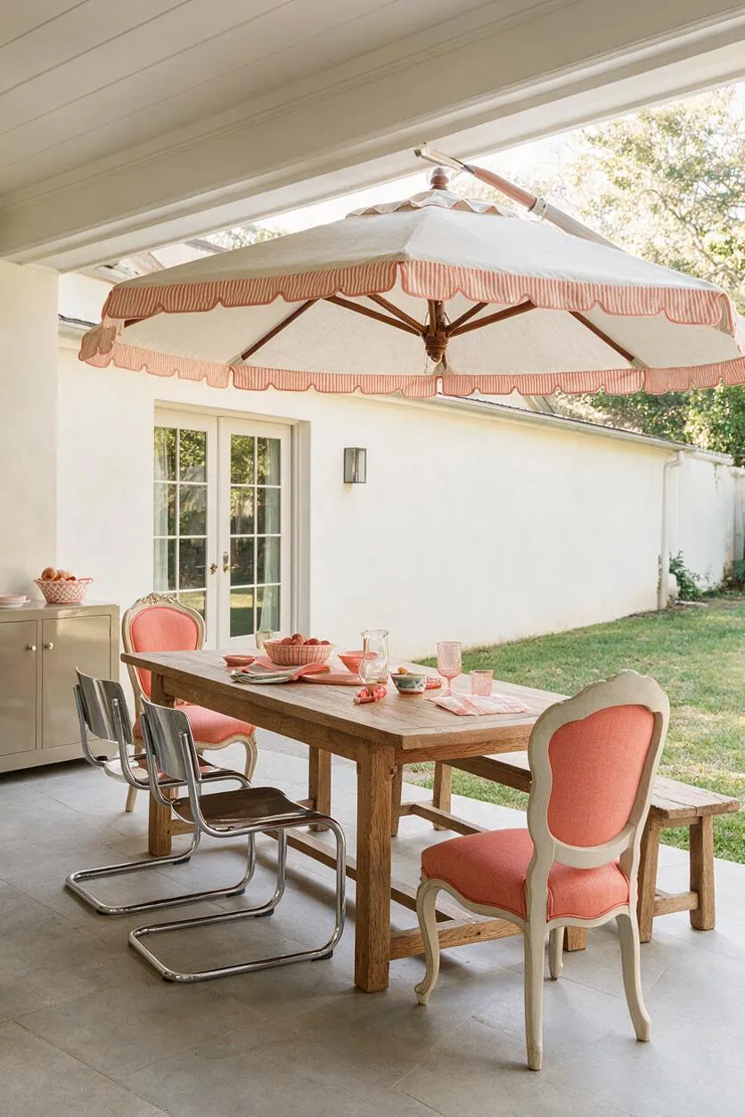 A covered backyard patio features a rustic wood dining table styled with coral-toned dishes beneath a large cream umbrella with pink striped trim. The seating mixes ornate blush upholstered chairs with sleek chrome cantilever chairs, creating an eclectic blend against white stucco walls and a grassy yard.