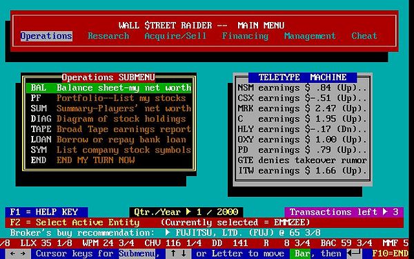 Screenshot of a gaming interface for Wall Street Raider with financial statistics and game controls.