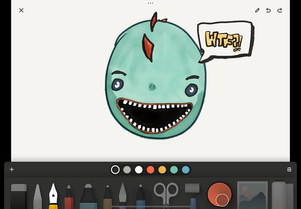 A colorful digital drawing of a cartoonish face with a surprised expression.