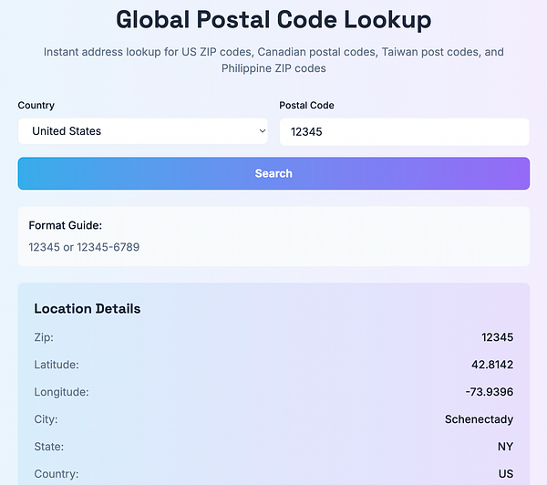 A user interface for a global postal code lookup tool displaying search options and location details.