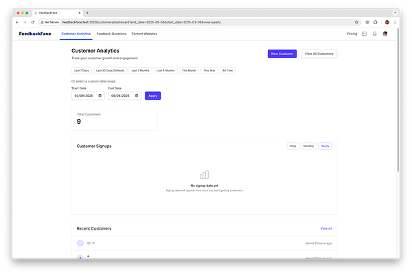 The image displays a dashboard for customer analytics with options for date range selection and customer sign-up statistics.