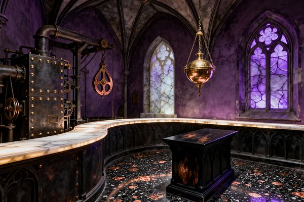 A dramatic Gothic-style laundry room with a ribbed vaulted ceiling, purple plaster walls, and tall pointed stained-glass windows casting an amethyst glow. A curved run of patinated steel cabinetry with arched panels holds a backlit alabaster countertop; an antique brass globe pendant, copper pulley, exposed pipework, a black central island, and black terrazzo flooring with coral flecks create a moody, medieval-meets-industrial workspace.