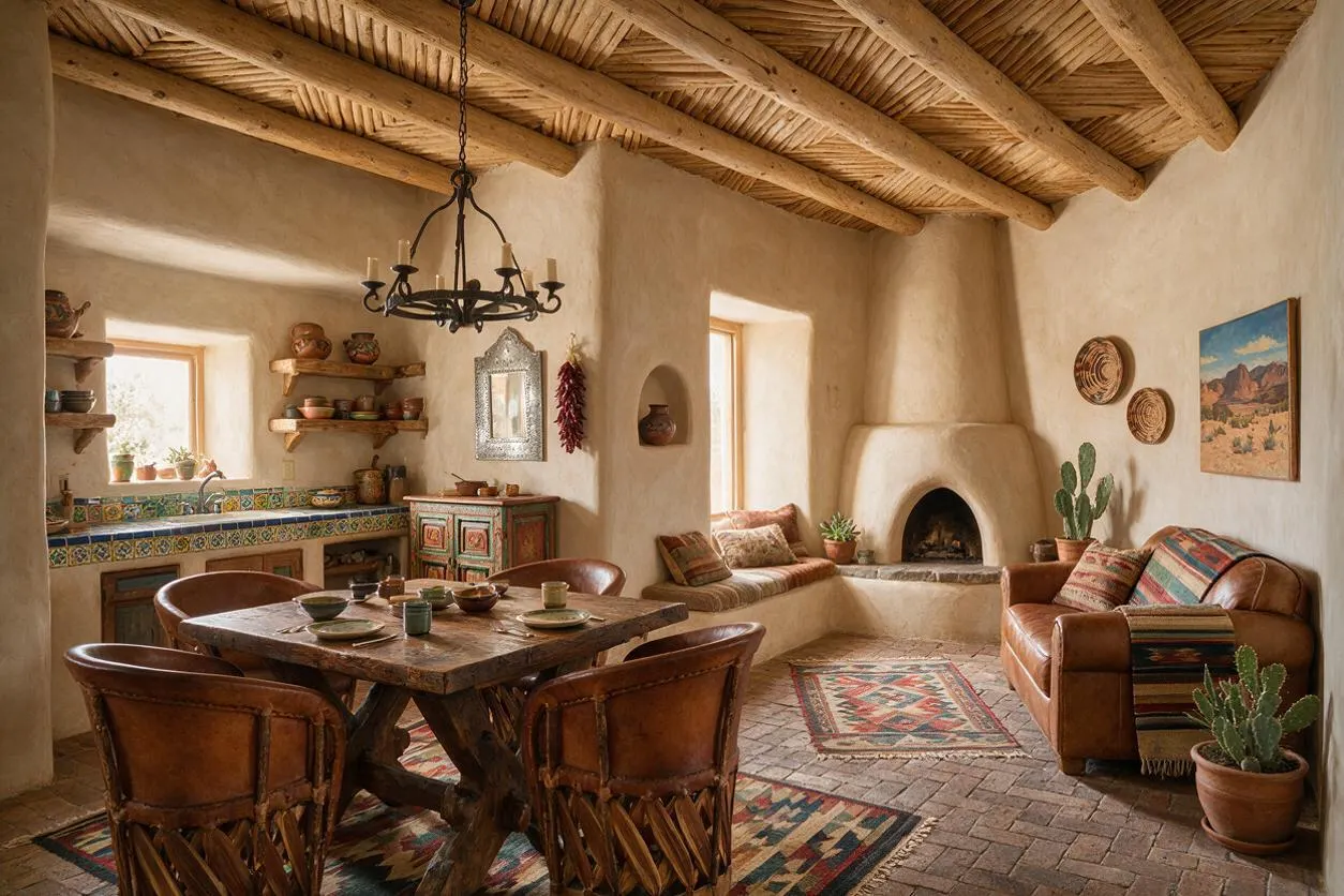 A cozy Southwestern-style basement with adobe walls, a rustic wood ceiling, and a black wrought-iron chandelier. The room features a leather sofa, woven chairs, a wooden dining table, colorful patterned rugs, tile accents, and a built-in fireplace niche.