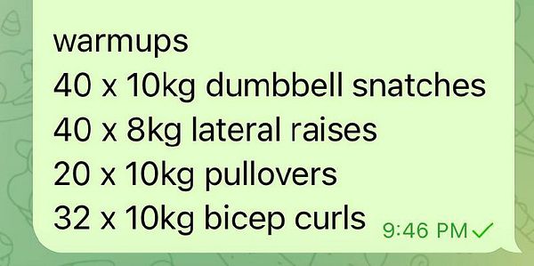 A workout plan for warmups is displayed in a messaging app format.