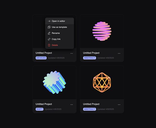The image displays a user interface for managing projects in Morflax Studio, featuring various project thumbnails and options.