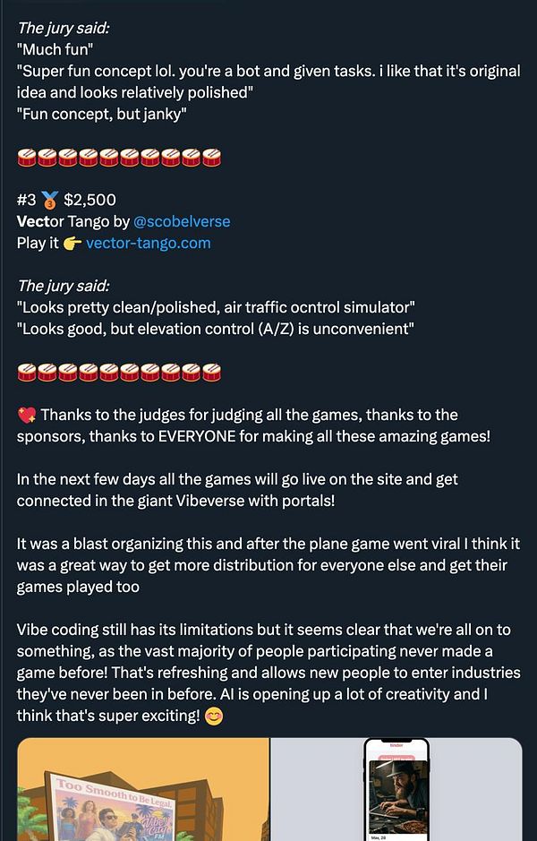 The image features a social media post announcing the winners of the 2025 Vibe Coding Game Jam, highlighting feedback from the jury and details about the winning games.