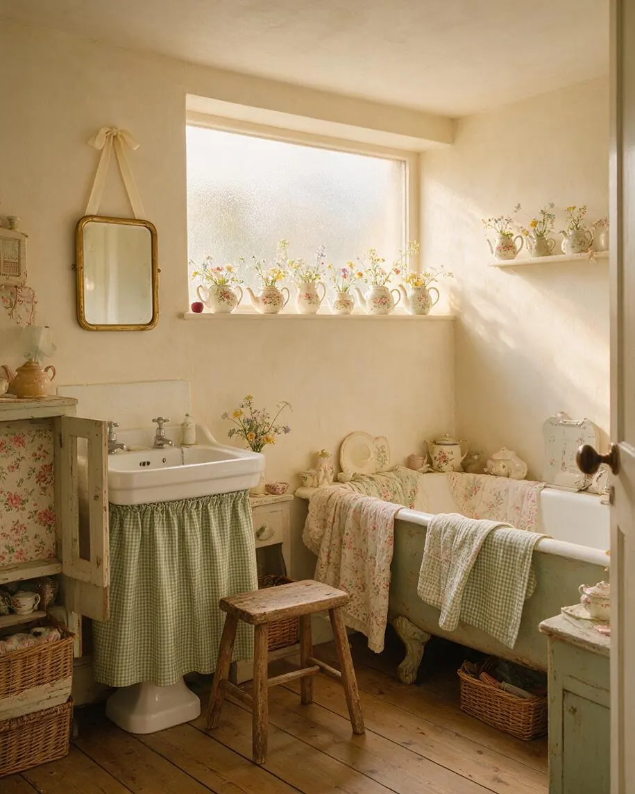 A cozy cottagecore bathroom with cream walls, a frosted window lined with floral pitchers, and a painted clawfoot bathtub draped in patterned linens. A small pedestal sink with a green gingham skirt, a rustic wooden stool, wicker baskets, and antique-style decor create a soft, nostalgic atmosphere.