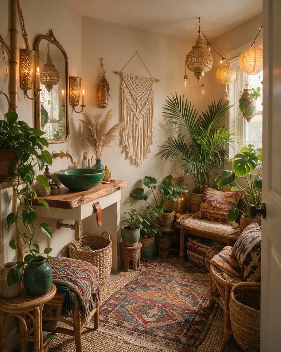 A small powder room styled in a bohemian look with a green vessel sink on a live-edge wood vanity, brass faucet, and many potted plants filling the space. Woven pendant lights, macrame wall art, patterned rugs, wicker seating, and warm candlelight create a cozy layered atmosphere.