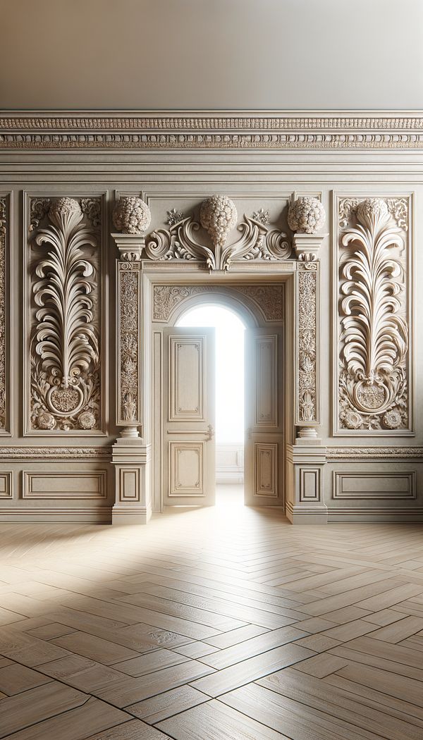 An interior room showing elegantly carved baguettes framing a doorway and running along the top edge of the walls, adding depth and elegance to the space.