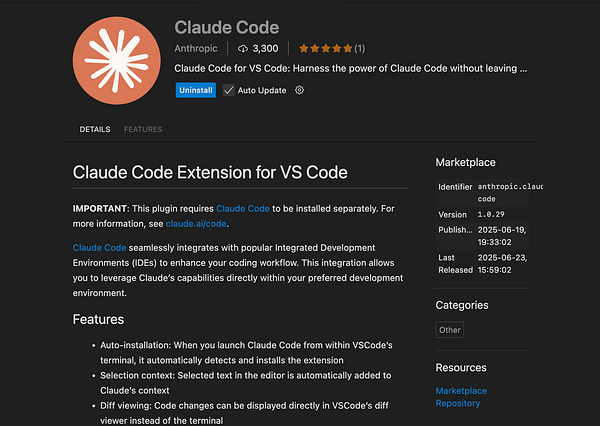 The image displays the details of the Claude Code extension for Visual Studio Code in a marketplace interface.