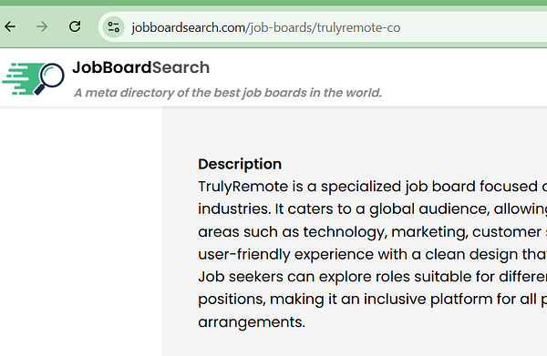 The image displays a webpage from JobBoardSearch featuring a job board description.