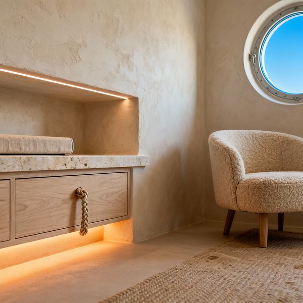 A serene coastal media nook features a rounded boucle armchair beside a circular porthole window with bright blue sky beyond. A plaster wall holds a built-in niche and a floating light-oak console topped with travertine; warm LED strip lighting lines the shelf and toe-kick, while a braided rope knot serves as the drawer pull. A natural jute rug grounds the sandy palette, emphasizing soft textures and a relaxed, nautical feel.