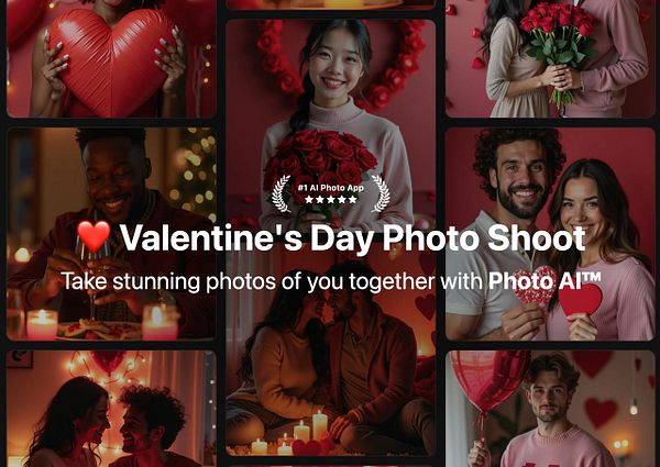 A promotional collage for a Valentine's Day photo shoot featuring couples and heart-themed imagery.