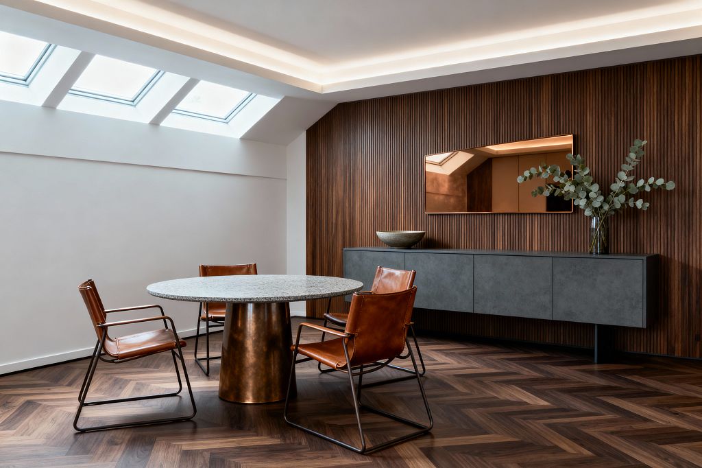 A contemporary dining room with a round speckled stone table on a bronze pedestal, surrounded by cognac leather sling chairs on black metal sled bases. A vertical walnut slat feature wall holds a floating charcoal-gray sideboard topped with a stone bowl and a glass vase of eucalyptus, beneath a bronze-tinted rectangular mirror. Herringbone walnut flooring grounds the space. A sloped ceiling with three skylights and recessed cove lighting softly brightens warm white walls.