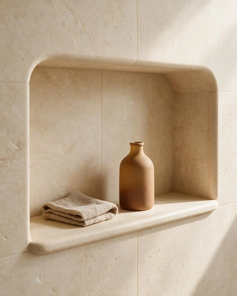 A built-in wall niche finished in warm beige stone or plaster holds a folded natural linen cloth and a small matte terracotta bottle. The rounded edges and softly textured surfaces create a calm, minimalist Organic Modern look.