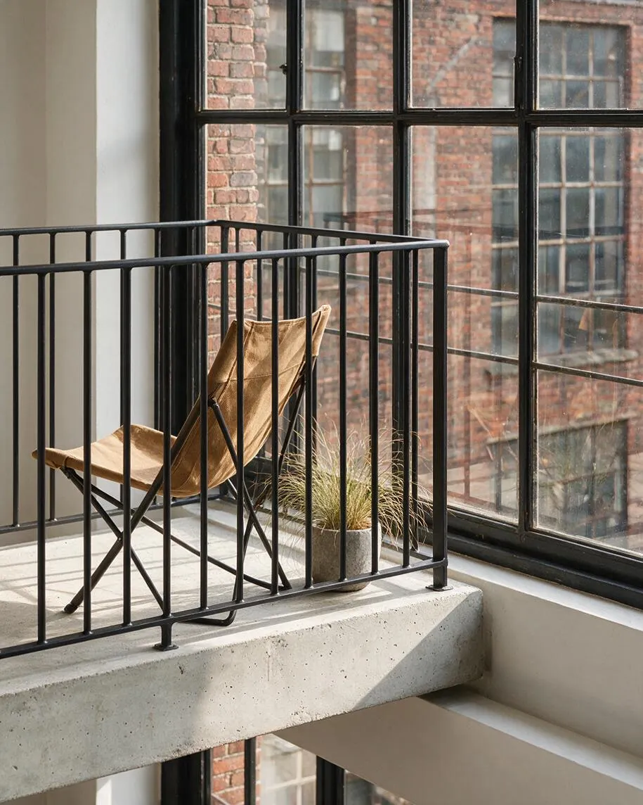A small industrial-style balcony or landing with a black metal railing, a tan folding chair, and a potted grass plant on a raw concrete ledge. Large black-framed windows overlook an exterior brick building, creating a warm, urban loft atmosphere.