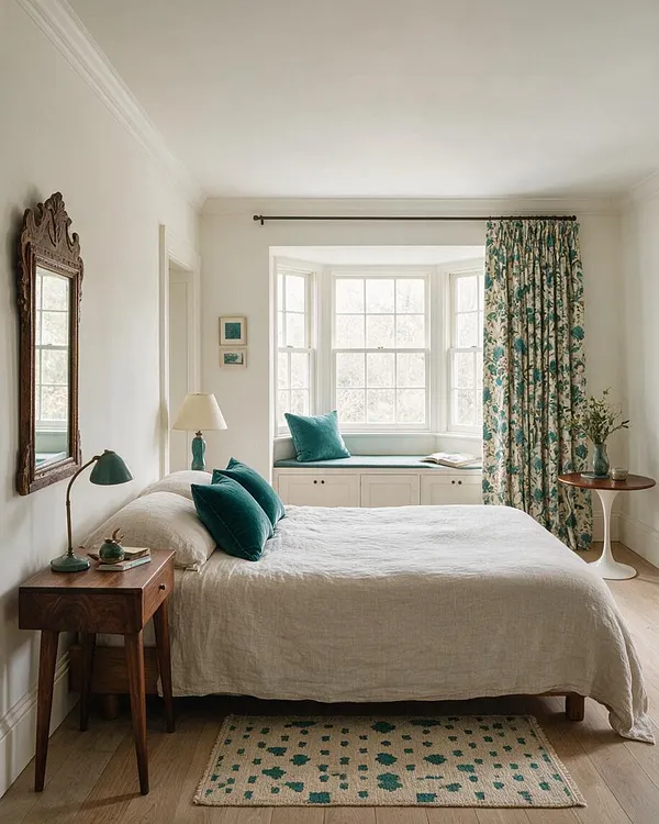 A bright eclectic bedroom with a bed dressed in a natural linen cover and layered with teal velvet pillows, set against white walls and a bay window seat. The room includes a carved vintage wall mirror, wooden side tables, a floral curtain panel, and a small patterned rug in muted green and teal tones.