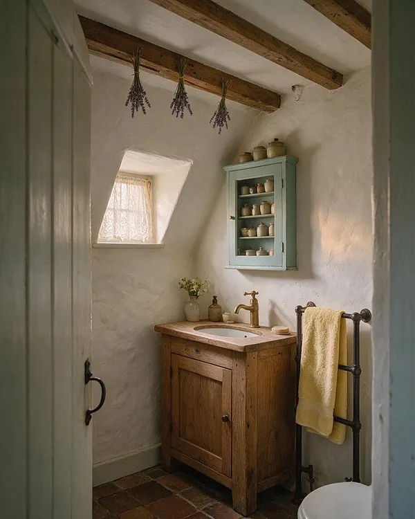 A small cottage-style bathroom with white plaster walls, exposed wooden ceiling beams, and a rustic wood vanity with a stone basin. A pale blue wall cabinet holds ceramic jars, lavender bundles hang overhead, and a yellow towel adds a soft warm accent beside a dark metal towel rail.