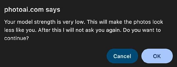 A warning message from photoai.com about low model strength affecting photo accuracy.