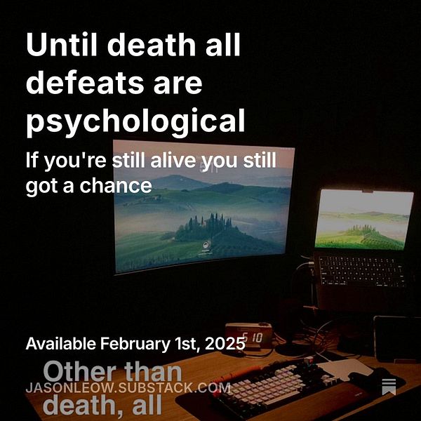 A motivational graphic featuring a serene landscape and a desk setup with two monitors.