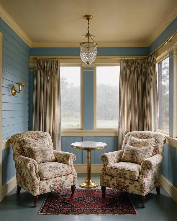 A traditional front porch seating area with two floral upholstered armchairs facing a small round pedestal table. Blue beadboard walls, cream trim, striped curtains, a brass pendant light, and a red patterned rug create a cozy, vintage-inspired space.