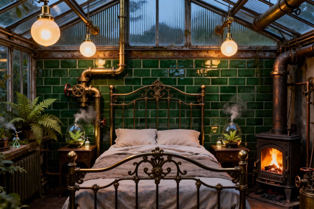 An ornate brass bed sits before a wall of glossy emerald-green subway tiles inside a glass-roofed space with exposed brass pipes and globe pendant lights. A cast-iron wood stove glows to the right, while nightstands display glass cloches with misting ferns; additional ferns, a metal radiator, neutral linen bedding, and a worn concrete floor complete the industrial steampunk atmosphere.