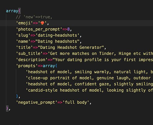 The image displays a code snippet for a dating headshot generator configuration.