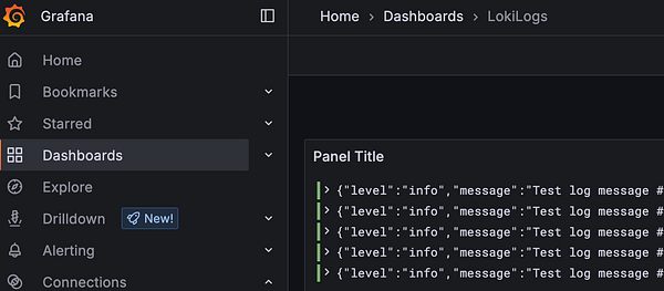 The image displays a Grafana interface showing log entries in a dashboard.