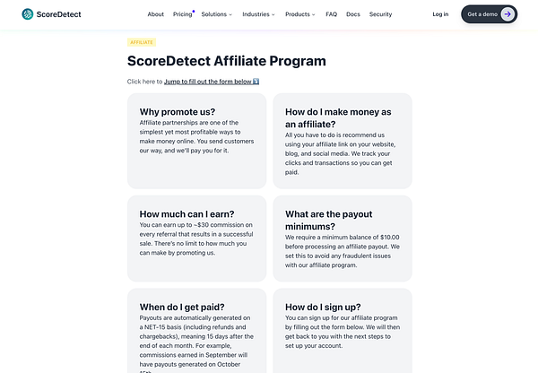 The image displays the ScoreDetect Affiliate Program webpage with various sections detailing the program's benefits and requirements.