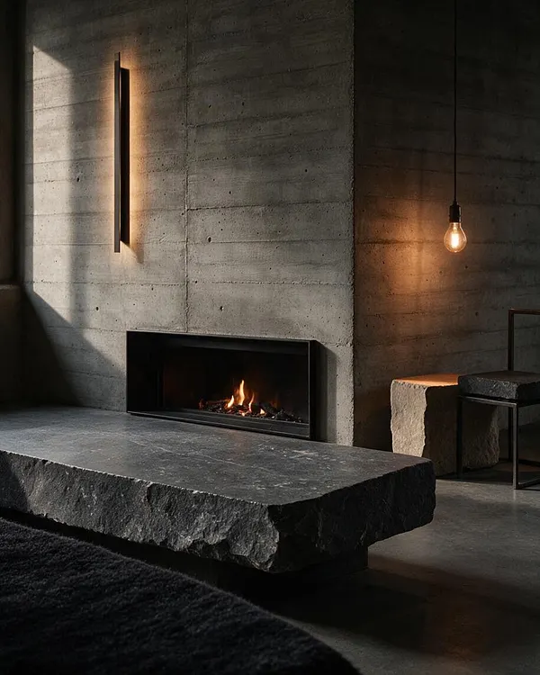 A moody Brutalist interior features a rough concrete wall with a linear fireplace centered low on the wall, a heavy stone coffee table in the foreground, and a single exposed bulb hanging at the right. Warm light from the fire and fixtures contrasts with the dark gray concrete surfaces and minimal furnishings.