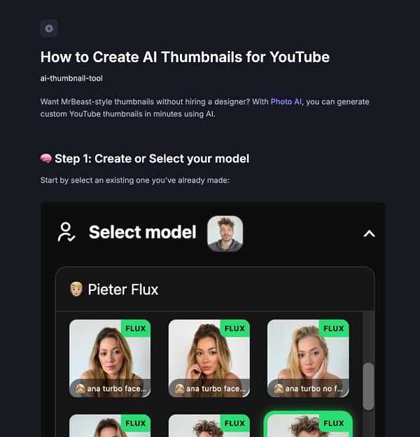 The image displays a user interface for creating AI-generated thumbnails for YouTube.