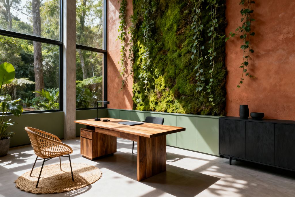 A biophilic home office features a solid wood desk and a black task lamp facing floor-to-ceiling windows with views of dense forest. A living moss wall with trailing vines spans a textured terracotta plaster wall above sage green low cabinets, with a rattan chair on a round jute rug, a matte black credenza, potted plants, and a polished concrete floor illuminated by abundant natural light.