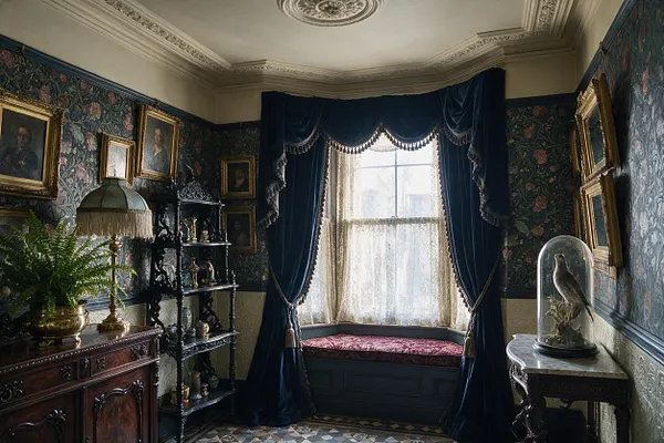 A compact Victorian-style studio apartment with dark floral wallpaper, ornate gold-framed portraits, and a central bay window dressed in deep navy velvet drapes over sheer lace curtains. A built-in window seat with a burgundy cushion sits below the window, while carved wood furniture, a glass-encased bird display, and decorative shelves add a layered antique feel.