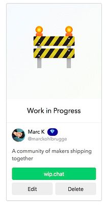 The image is a screenshot featuring a 'Work in Progress' status with a construction barrier emoji and user details.