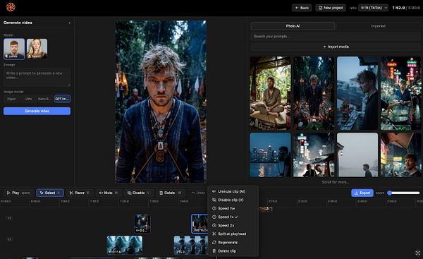 Screenshot of video editing software showing timeline and options for video clip regeneration.