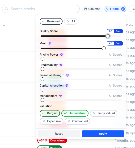 The image displays a stock filtering interface with various criteria for evaluating stocks.