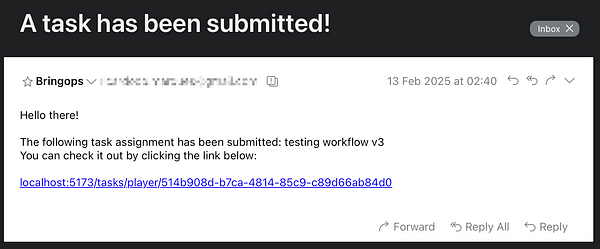 An email notification indicating that a task has been submitted.