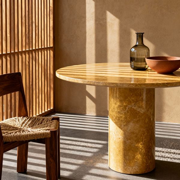 A minimalist dining nook features a round golden travertine pedestal table lit by stripes of sunlight from a vertical wood slat screen. A solid wood chair with a handwoven natural-fiber seat sits on a dark concrete floor, while a smoky olive glass bottle and a terracotta bowl rest on the table; warm beige plaster walls and rhythmic shadows create a serene, material-focused atmosphere.