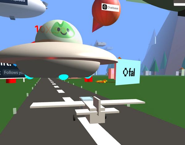 A whimsical 3D scene featuring a small airplane on a runway with a UFO hovering above it.