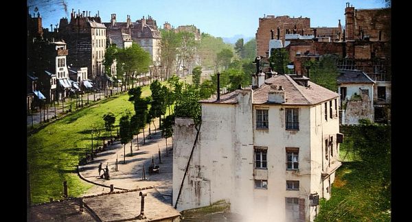 A historic view of a Parisian street from 1838, showcasing buildings and greenery.