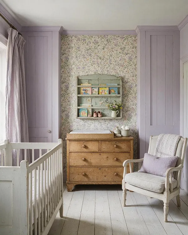 A cozy cottagecore nursery with a white crib in the foreground, lavender paneled walls, and floral wallpaper centered behind a rustic wooden dresser. A vintage wall shelf holds children’s books, small shoes, and flowers, while a cushioned cream armchair with a lilac pillow sits to the right near soft curtains and pale painted floorboards.