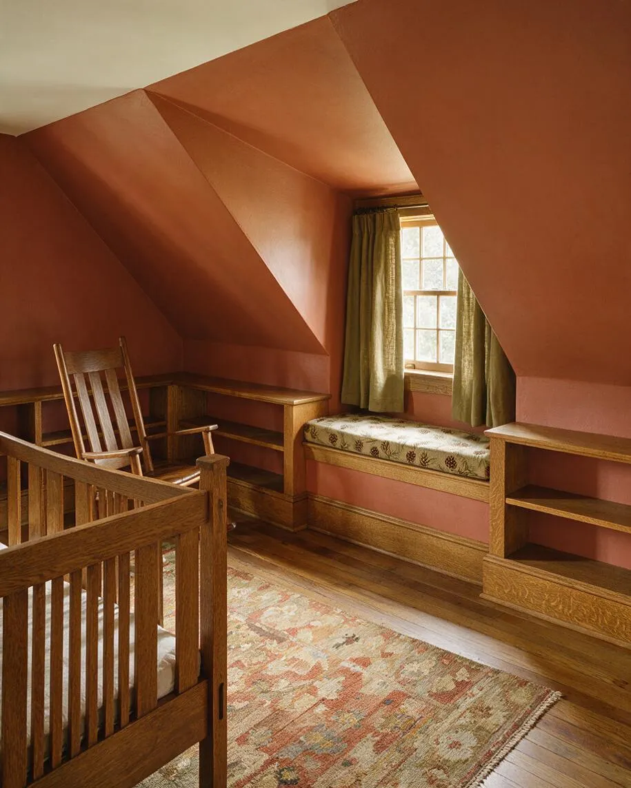 A Craftsman-style nursery with sloped terracotta walls, a wooden crib in the foreground, a wooden rocking chair, built-in shelving, and a cushioned window seat beneath a small window with green curtains. A patterned area rug and warm wood floors add softness to the cozy, attic-like room.