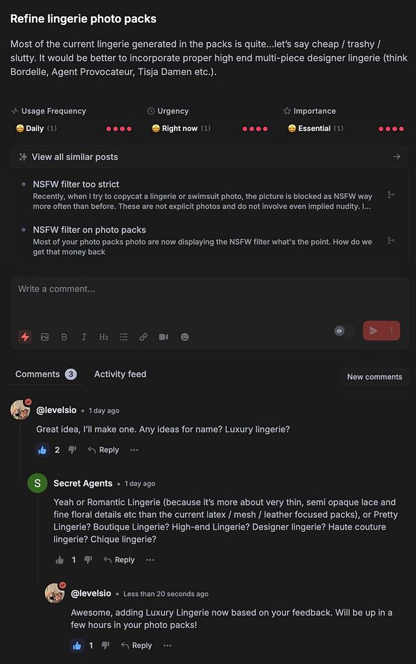 The image displays a task interface discussing the refinement of lingerie photo packs.