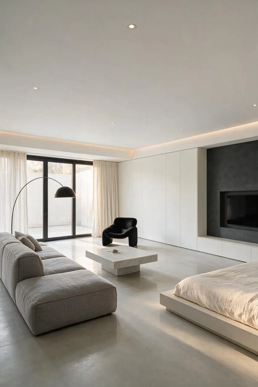 A minimalist basement living space with a light gray modular sofa, black lounge chair, low stone coffee table, and a platform bed in the foreground. White paneled walls, a dark recessed fireplace wall, sheer curtains, and sliding glass doors create a bright, serene atmosphere.