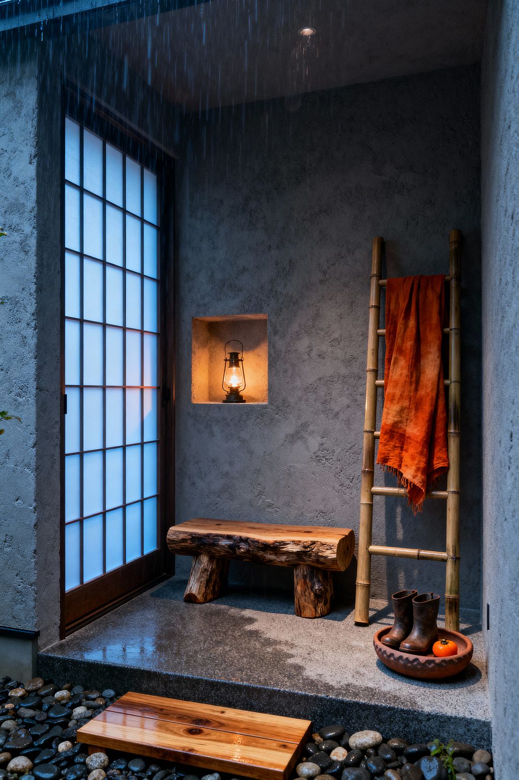 A small covered mudroom shows rain falling outside a wood-framed shoji door, with cool blue light filtering through. Rough gray plaster walls feature a recessed niche with a lit oil lantern; a chunky live-edge log bench sits on a wet concrete step above river pebbles. To the right, a bamboo ladder holds a burnt-orange cloth, and a terracotta bowl serves as a boot tray with rubber boots and a single persimmon.