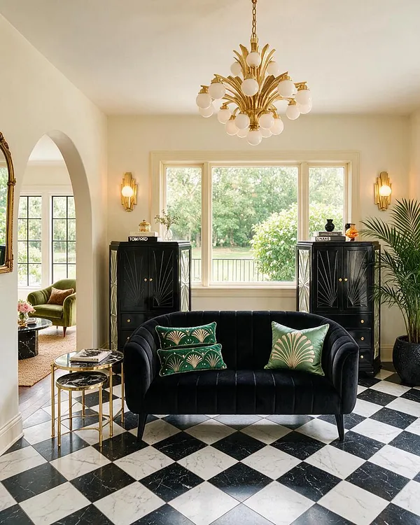 A bright sunroom with a black velvet sofa centered beneath a gold Art Deco chandelier, flanked by glossy black cabinets and wall sconces. Large windows overlook greenery, and the room features a bold black-and-white checkerboard floor, brass accents, and green patterned pillows.