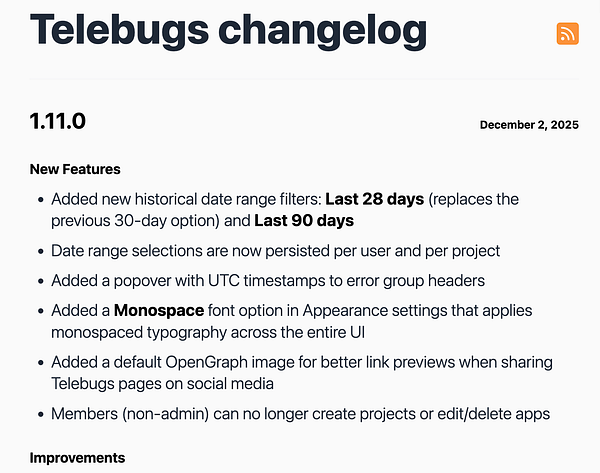 The image displays a changelog for the Telebugs application, highlighting new features and improvements in version 1.11.0.