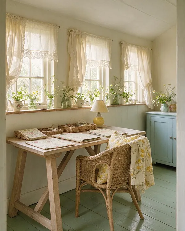 A cozy cottagecore home office with a rustic wooden desk, woven chair, and pastel green painted floor. Sheer cream curtains filter sunlight through three windows lined with small glass vases of wildflowers, while floral stationery, wicker baskets, and a pale blue cabinet add a soft, vintage feel.